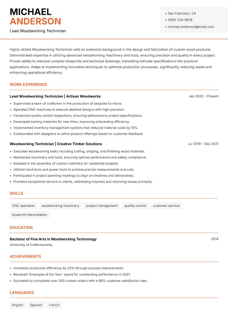 Woodworking Technician resume template — Modern Professional