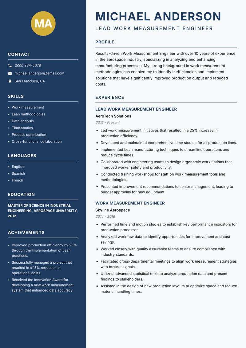 Work Measurement Engineer resume template — Classic Clean