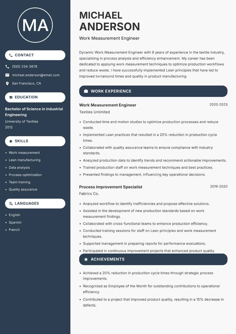 Work Measurement Engineer resume template — Compact