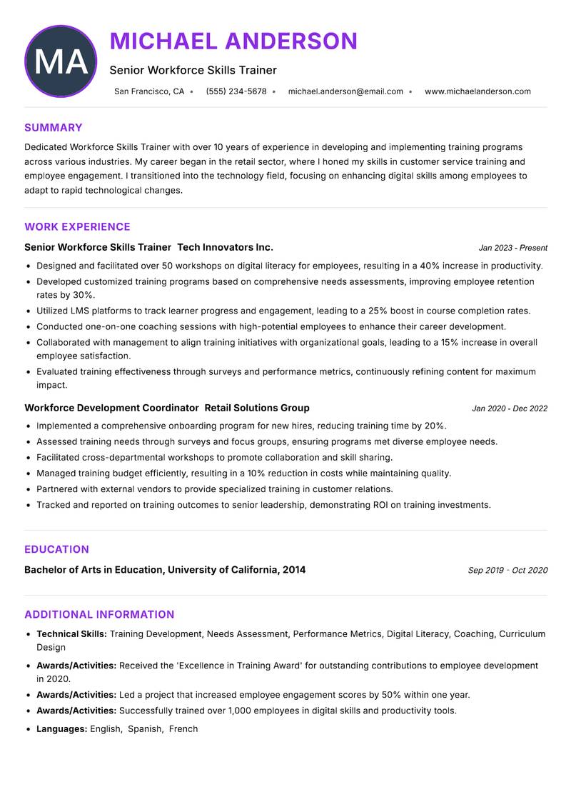 Workforce Skills Trainer resume example — ATS-friendly template
