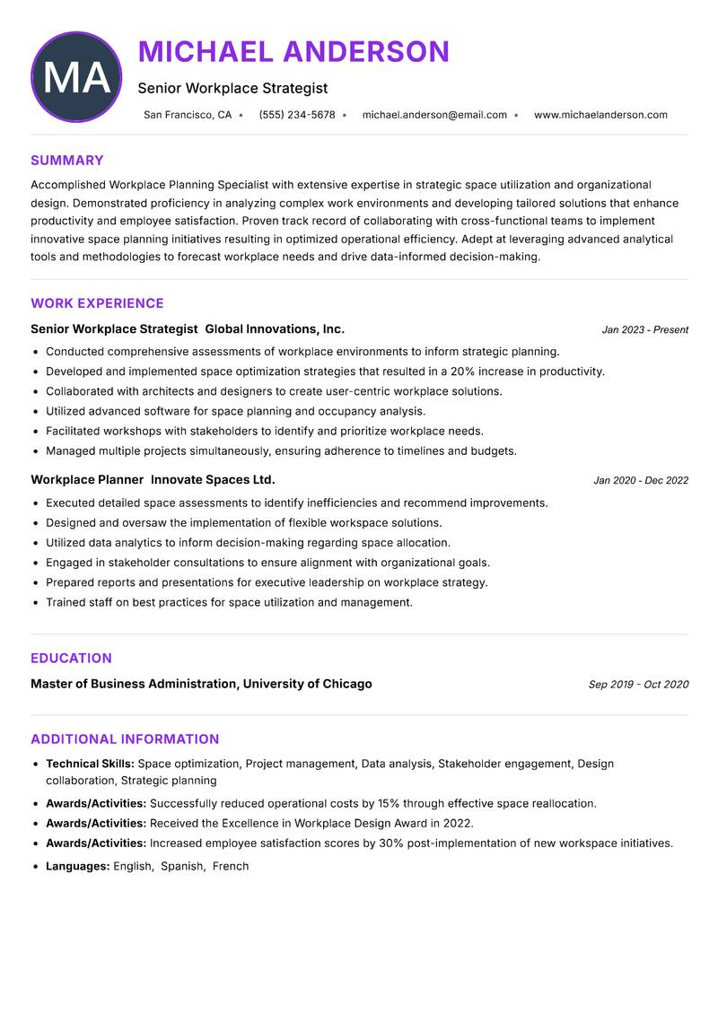 Workplace Planning Specialist resume example — ATS-friendly template