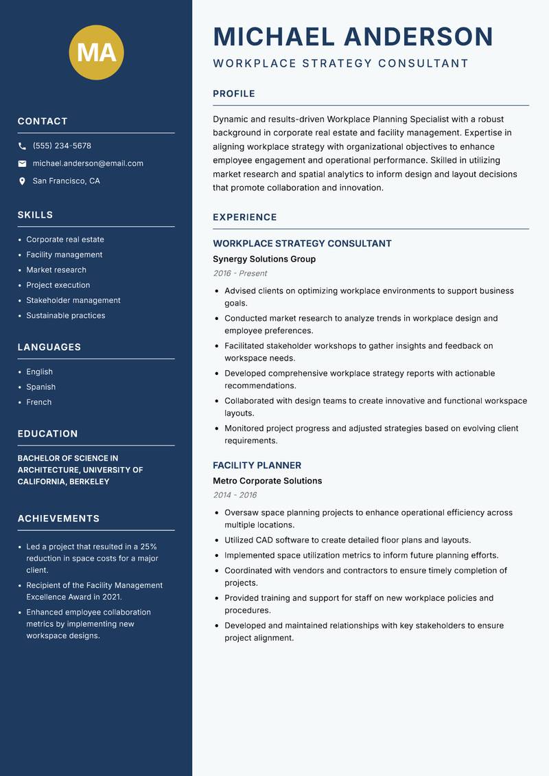 Workplace Planning Specialist resume template — Classic Clean