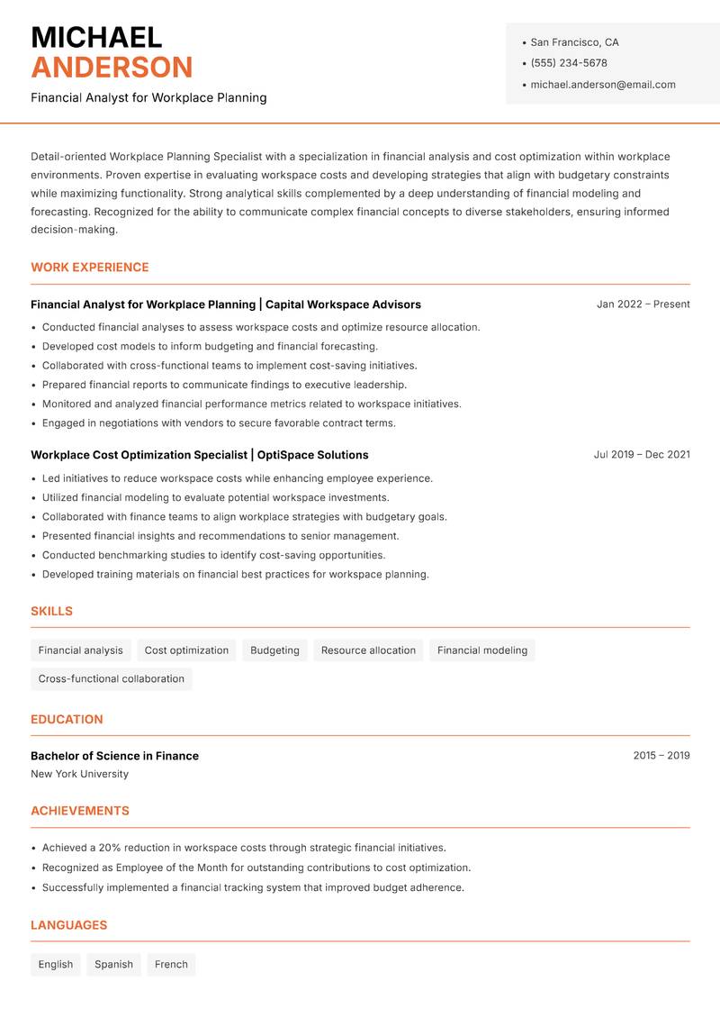 Workplace Planning Specialist resume template — Modern Professional