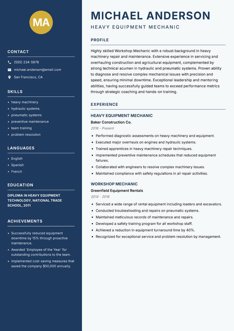 Workshop Mechanic resume template — Classic Clean