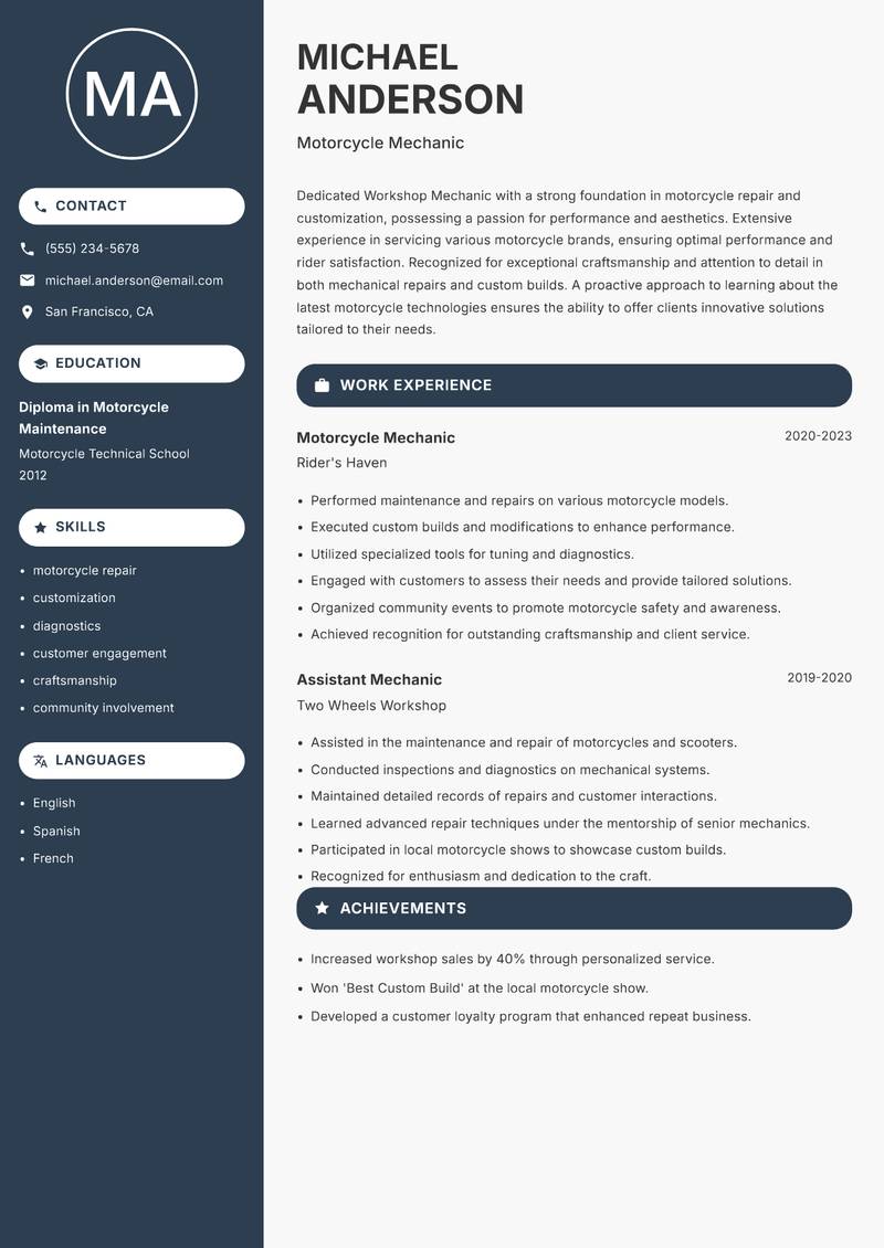 Workshop Mechanic resume template — Compact