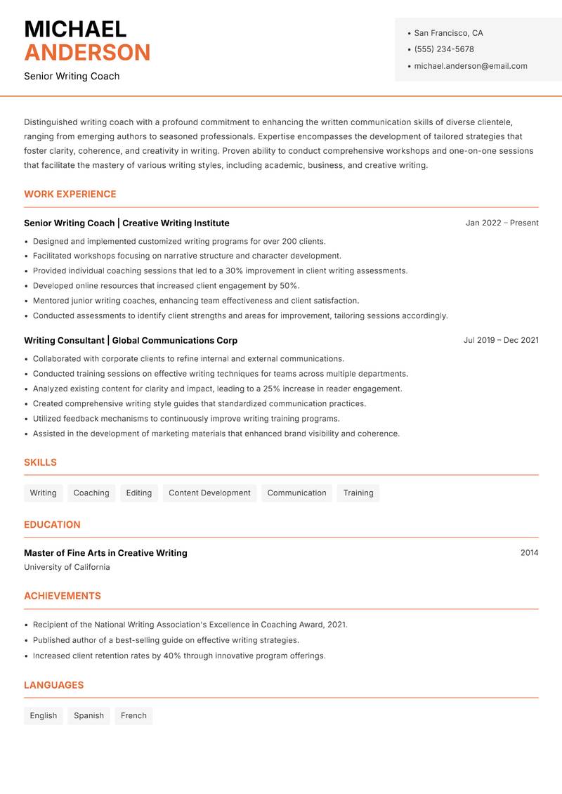 Writing Coach resume template — Modern Professional