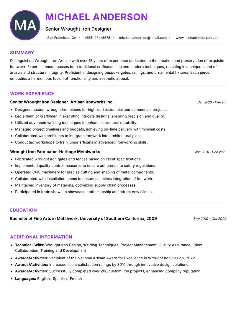 Wrought Iron Artisan resume example — ATS-friendly template