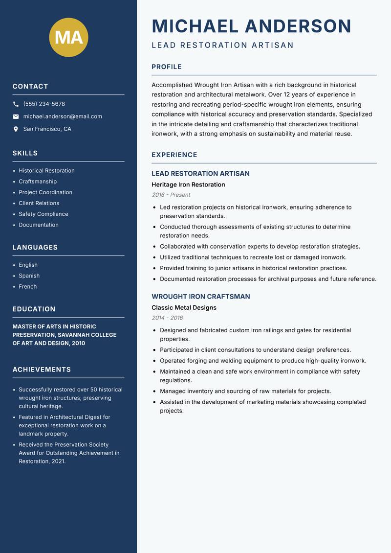 Wrought Iron Artisan resume template — Classic Clean