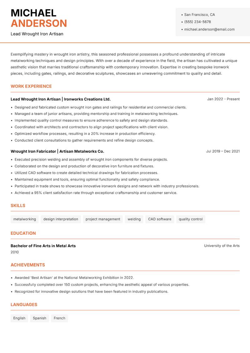 Wrought Iron Artisan resume template — Modern Professional
