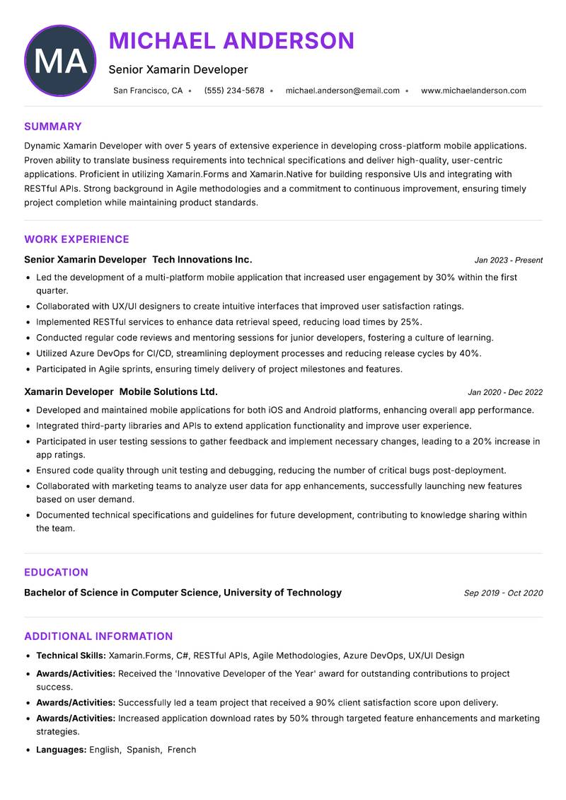Xamarin Developer resume example — ATS-friendly template