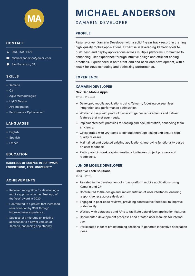 Xamarin Developer resume template — Classic Clean