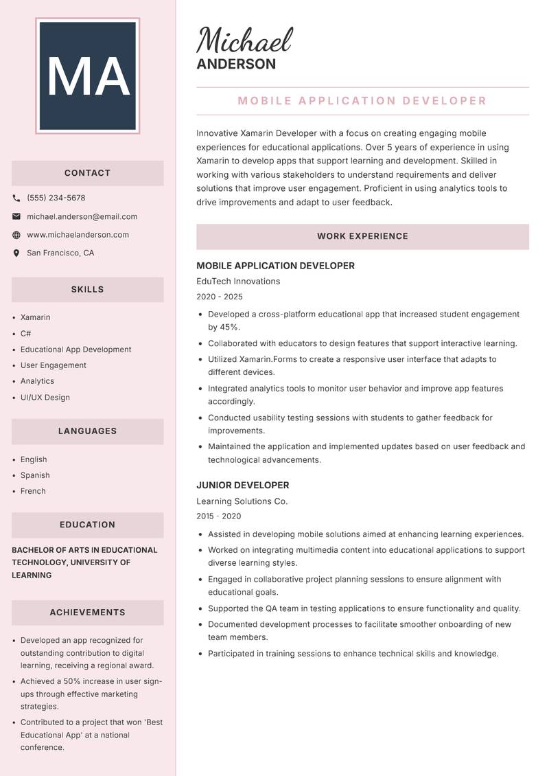 Xamarin Developer resume template — Executive