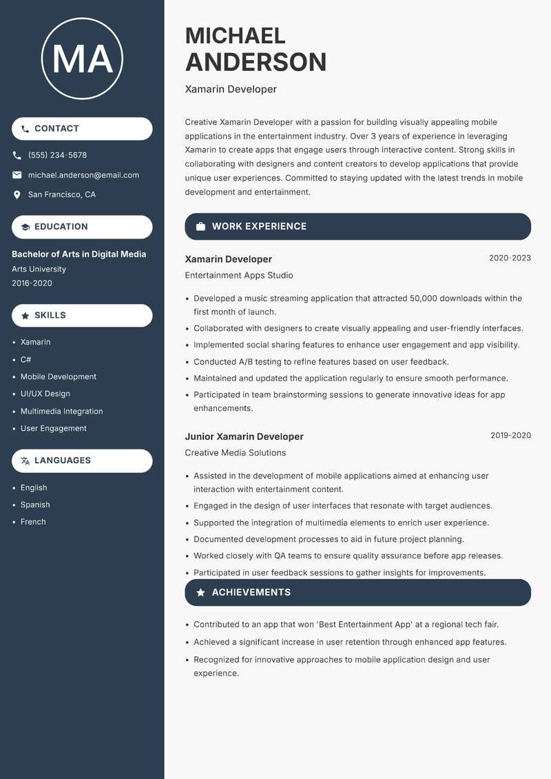 Xamarin Developer resume template — Compact