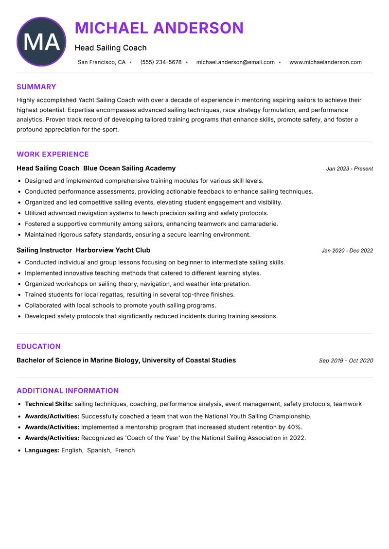 Yacht Sailing Coach resume example — ATS-friendly template