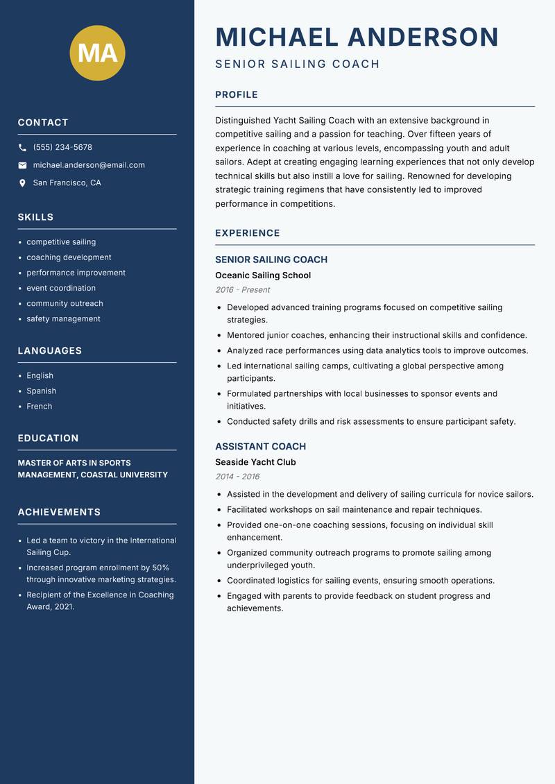 Yacht Sailing Coach resume template — Classic Clean