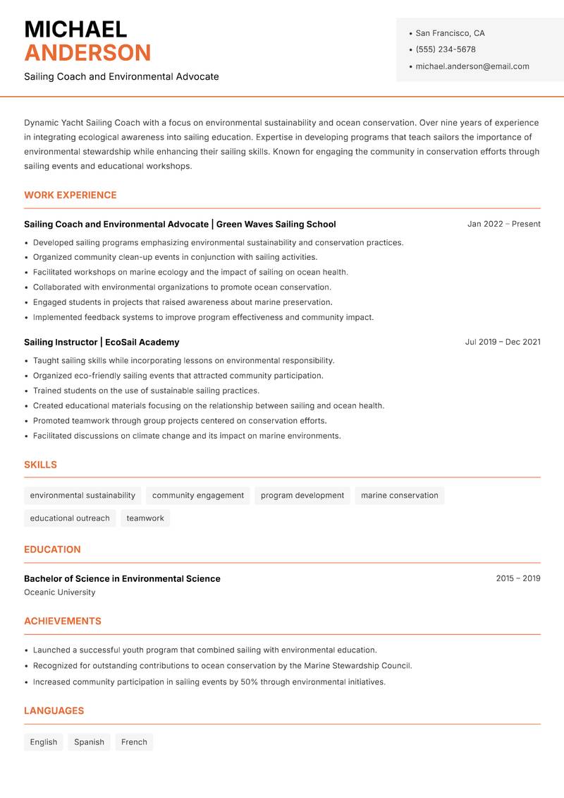 Yacht Sailing Coach resume template — Modern Professional