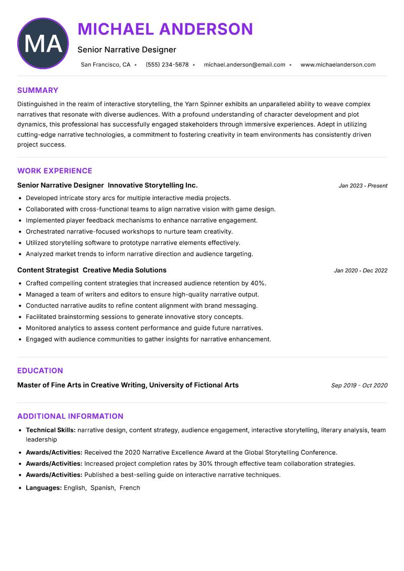 Yarn Spinner resume example — ATS-friendly template
