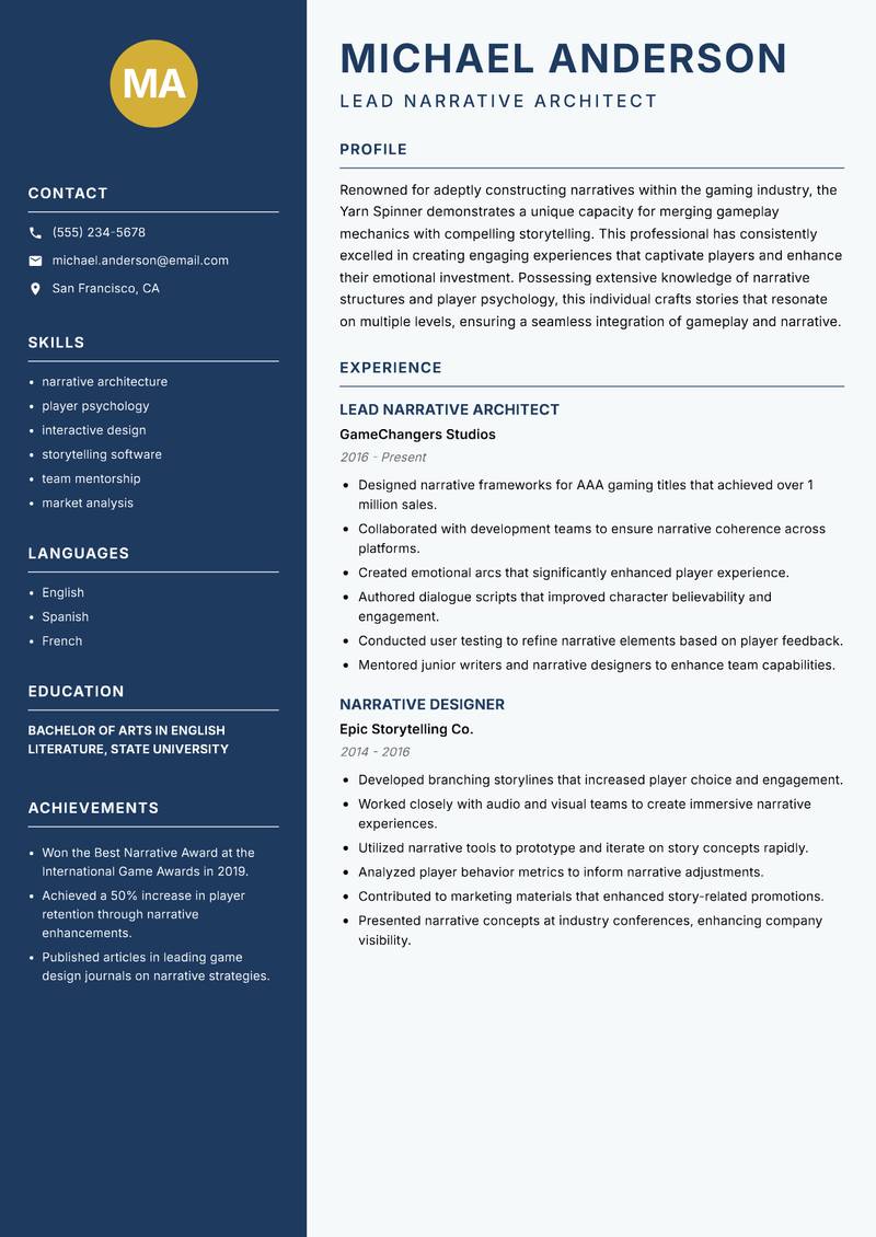 Yarn Spinner resume template — Classic Clean