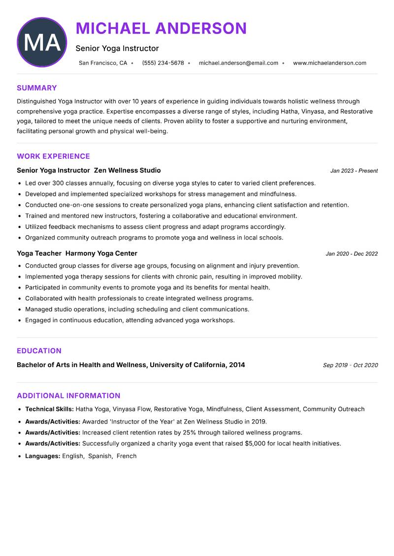 Yoga Instructor resume example — ATS-friendly template