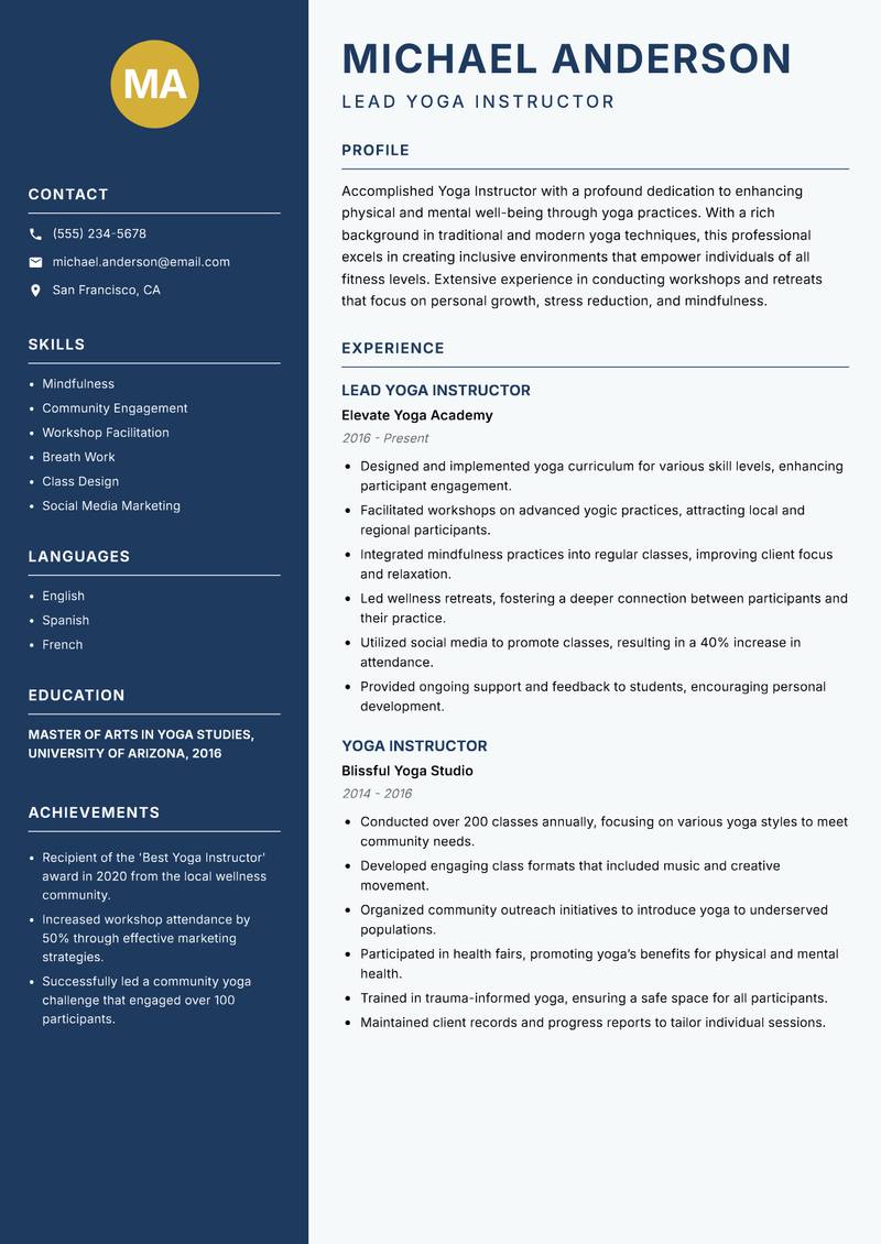 Yoga Instructor resume template — Classic Clean