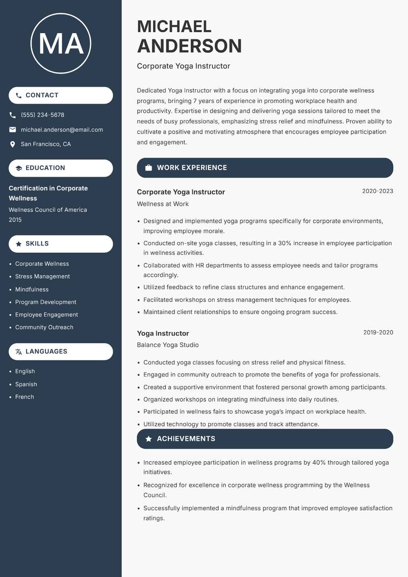 Yoga Instructor resume template — Compact