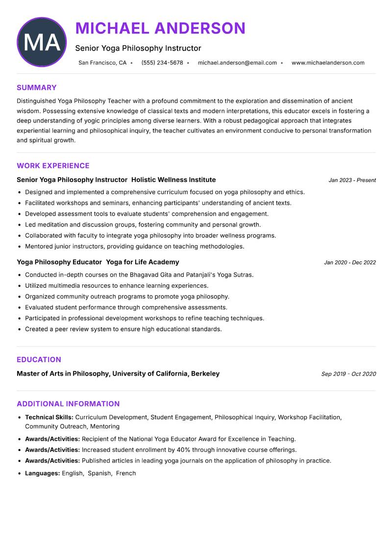 Yoga Philosophy Teacher resume example — ATS-friendly template