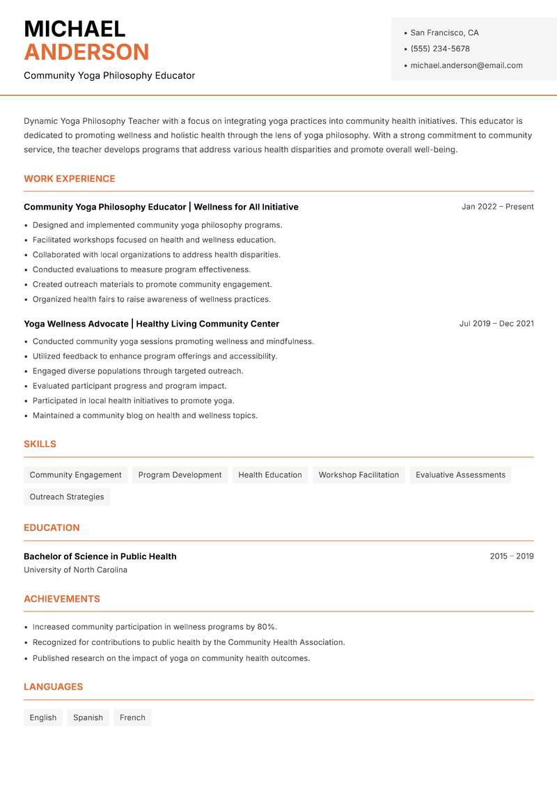 Yoga Philosophy Teacher resume template — Modern Professional