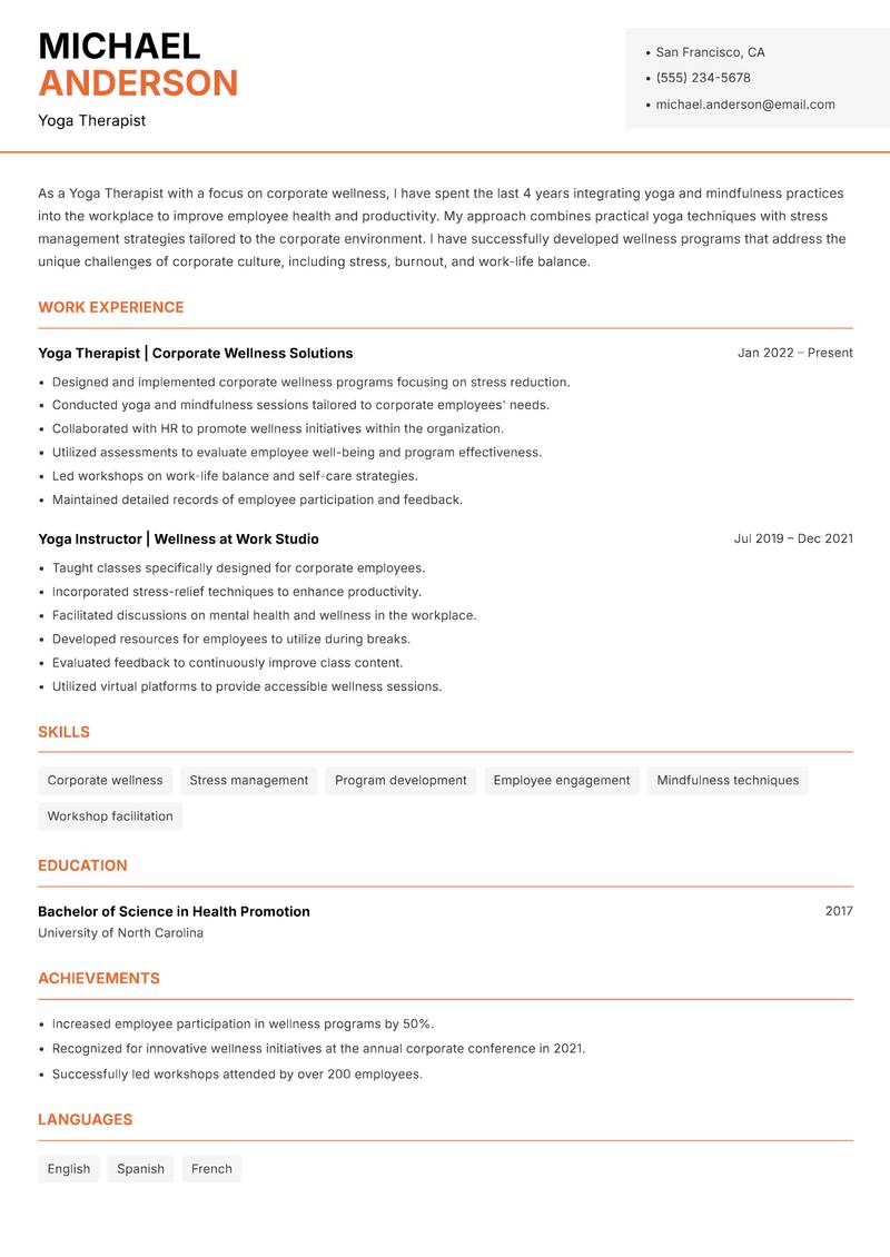 Yoga Therapist resume template — Modern Professional