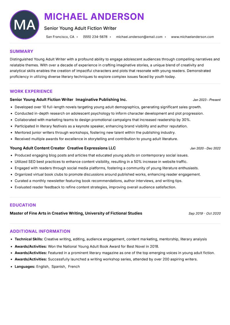 Young Adult Writer resume example — ATS-friendly template
