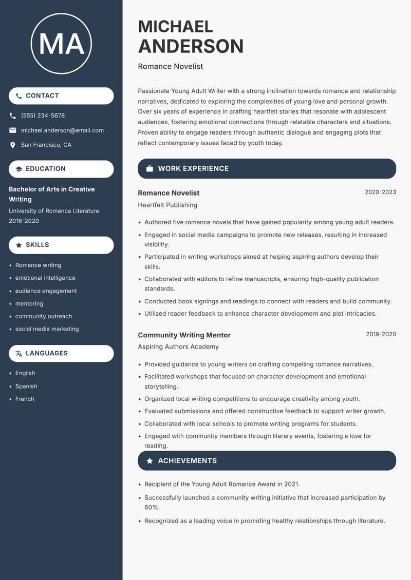 Young Adult Writer resume template — Compact