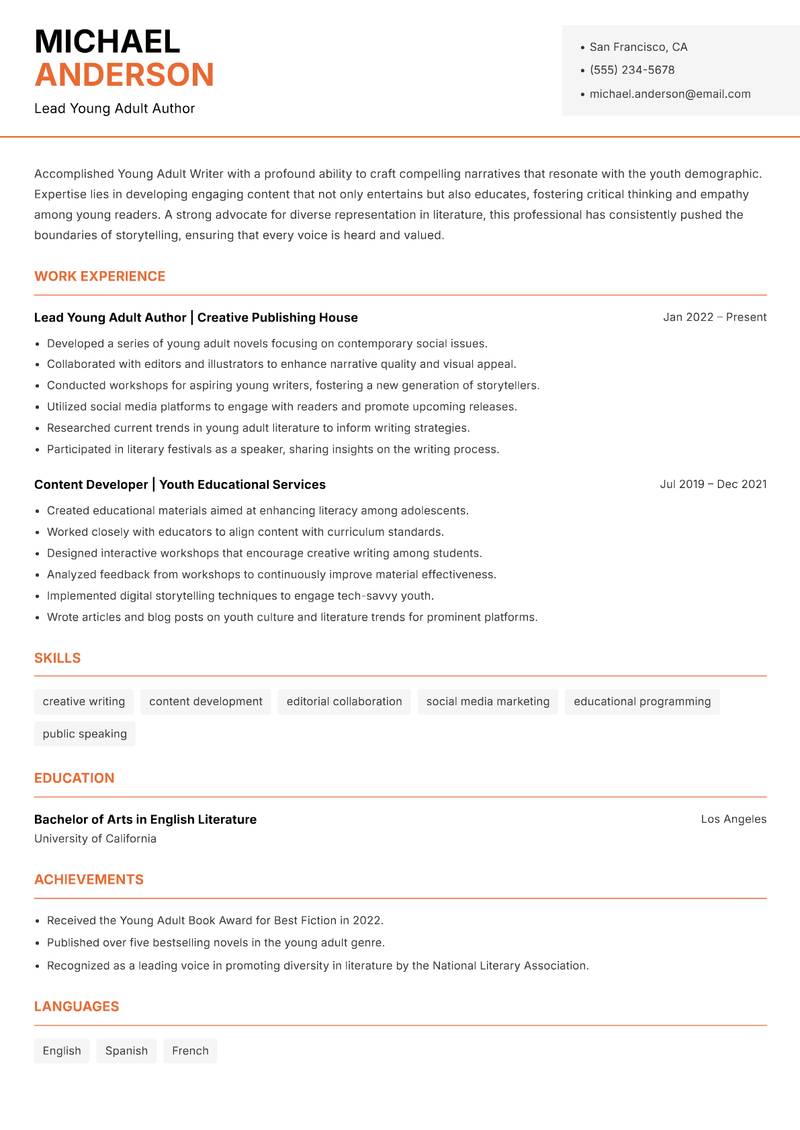 Young Adult Writer resume template — Modern Professional