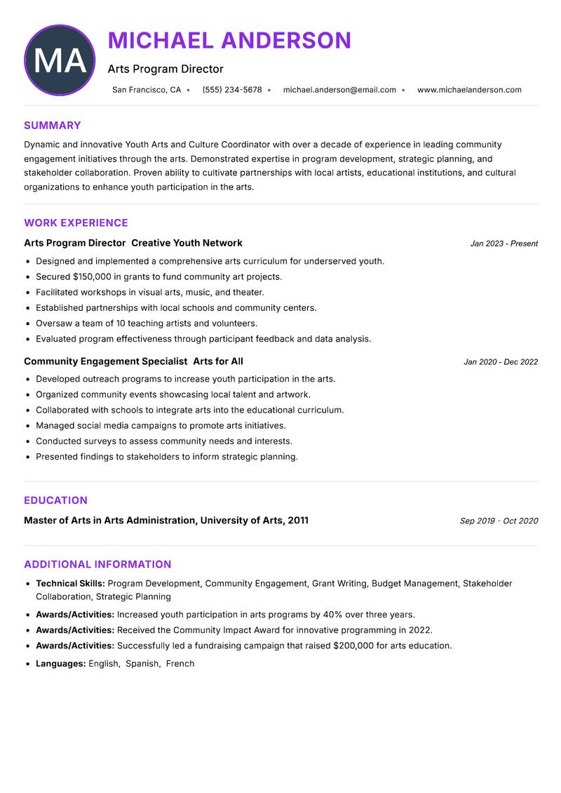 Youth Arts and Culture Coordinator resume example — ATS-friendly template