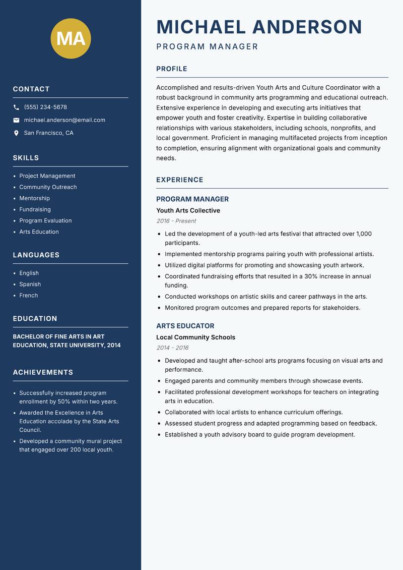 Youth Arts and Culture Coordinator resume template — Classic Clean