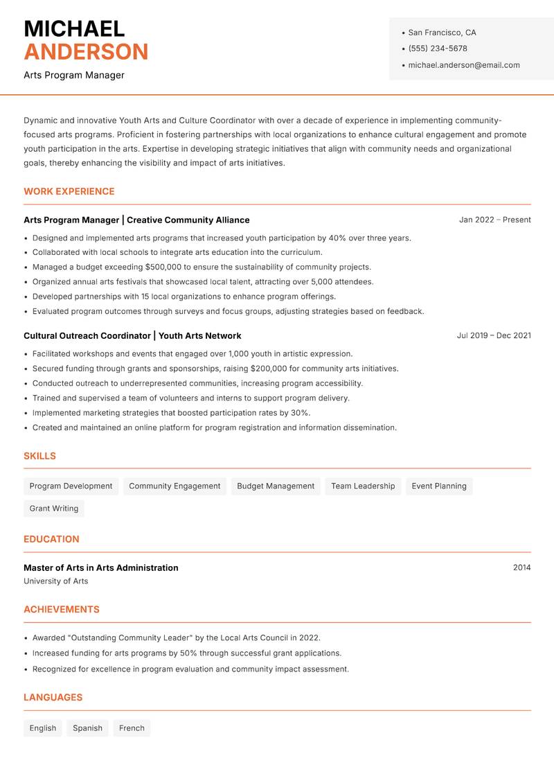 Youth Arts and Culture Coordinator resume template — Modern Professional