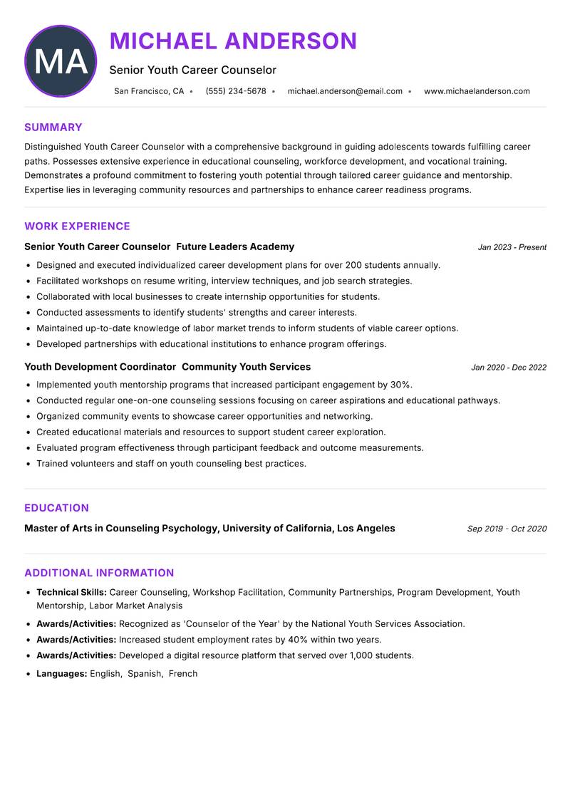 Youth Career Counselor resume example — ATS-friendly template