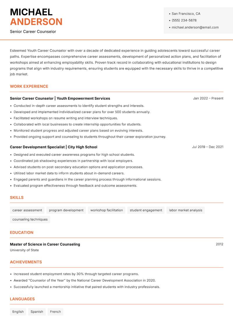 Youth Career Counselor resume template — Modern Professional