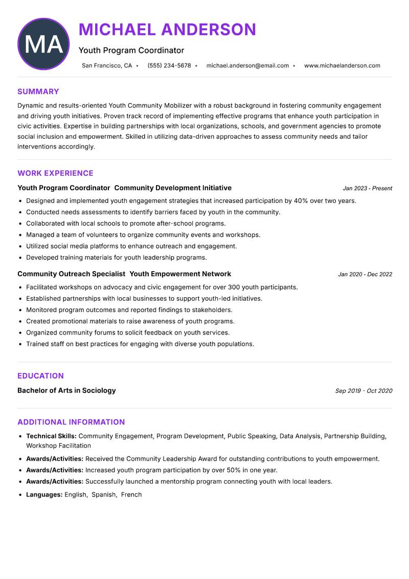 Youth Community Mobilizer resume example — ATS-friendly template