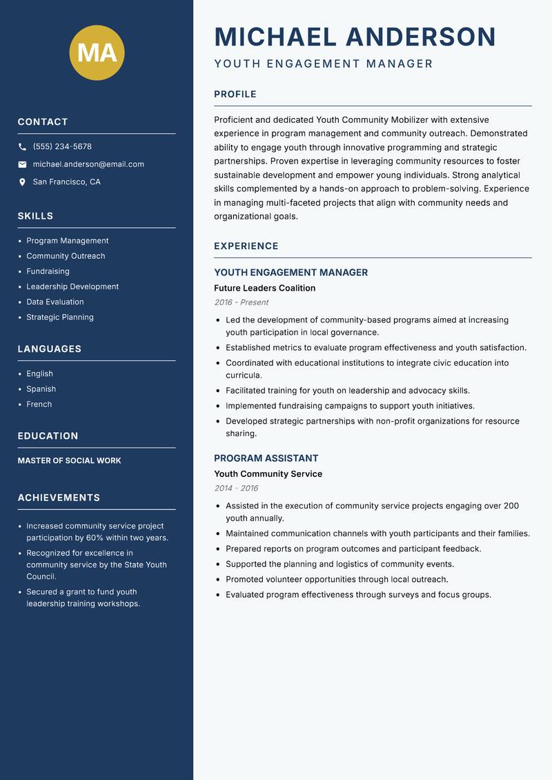 Youth Community Mobilizer resume template — Classic Clean