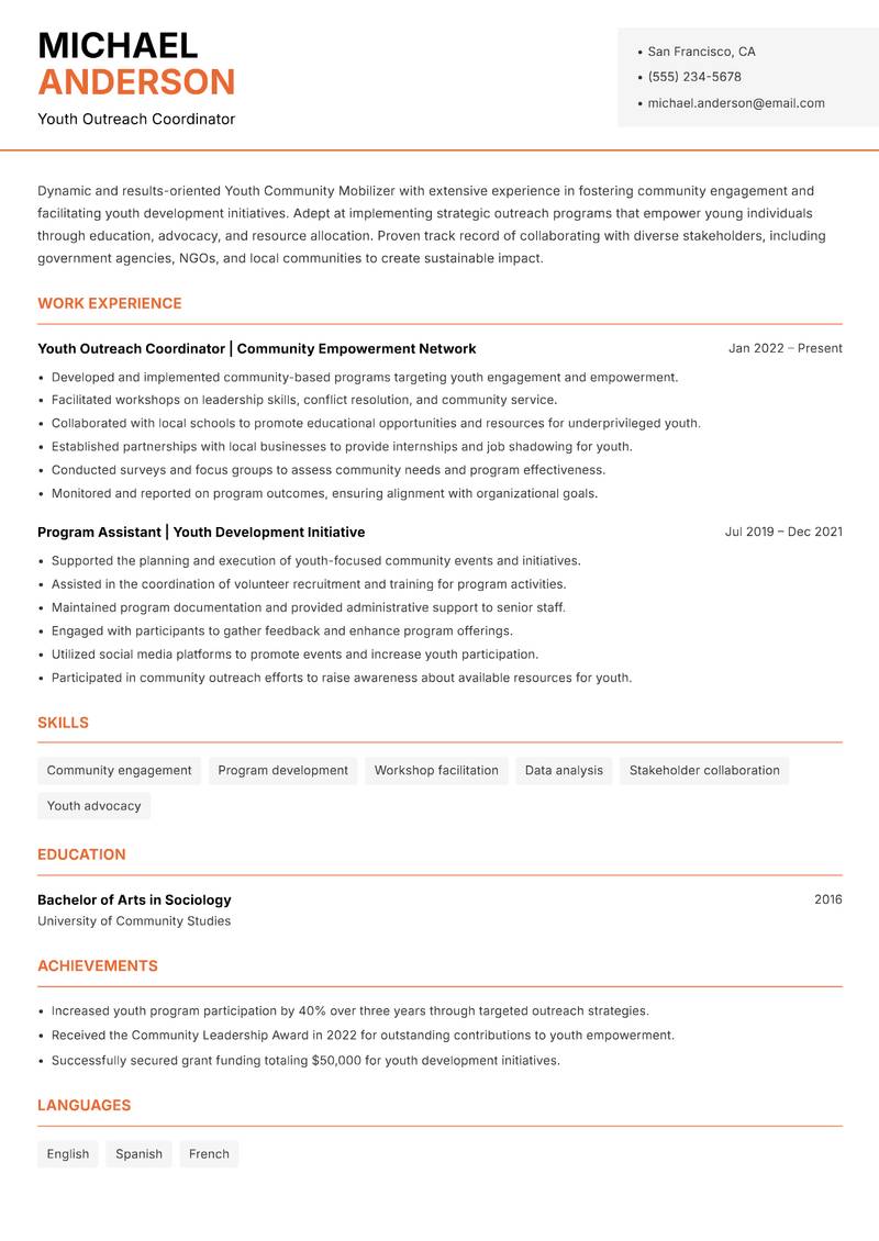 Youth Community Mobilizer resume template — Modern Professional