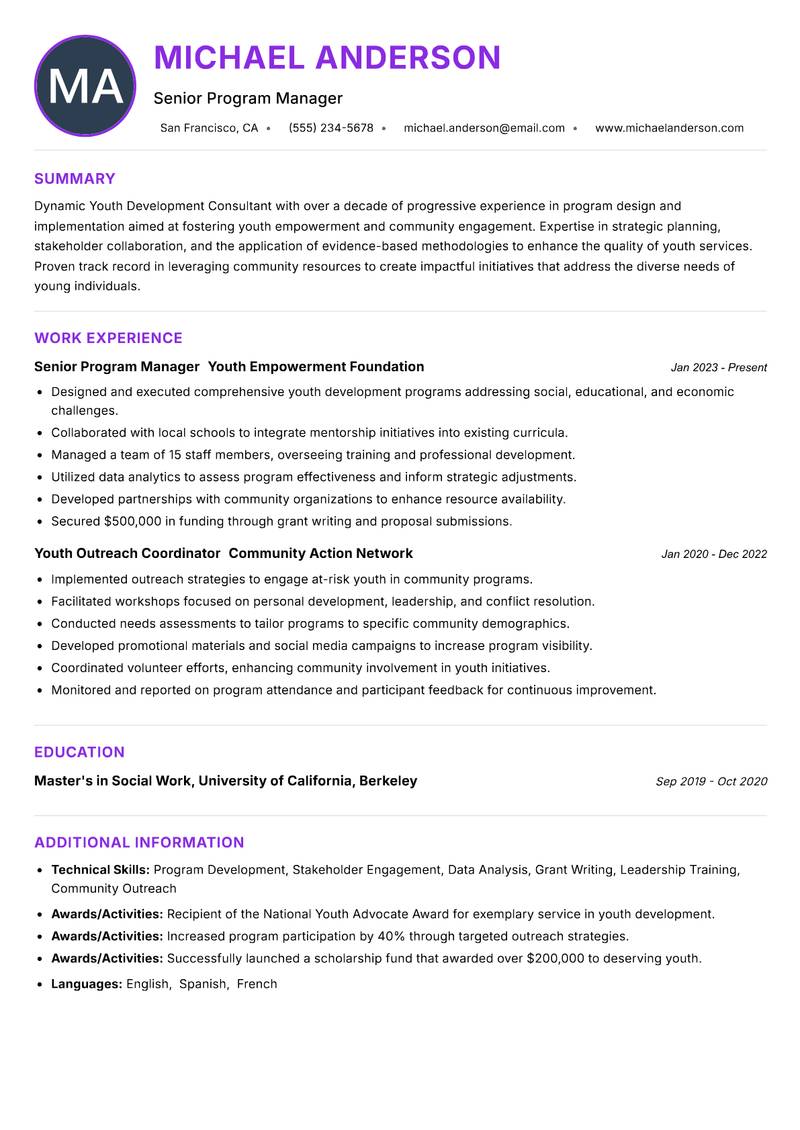 Youth Development Consultant resume example — ATS-friendly template