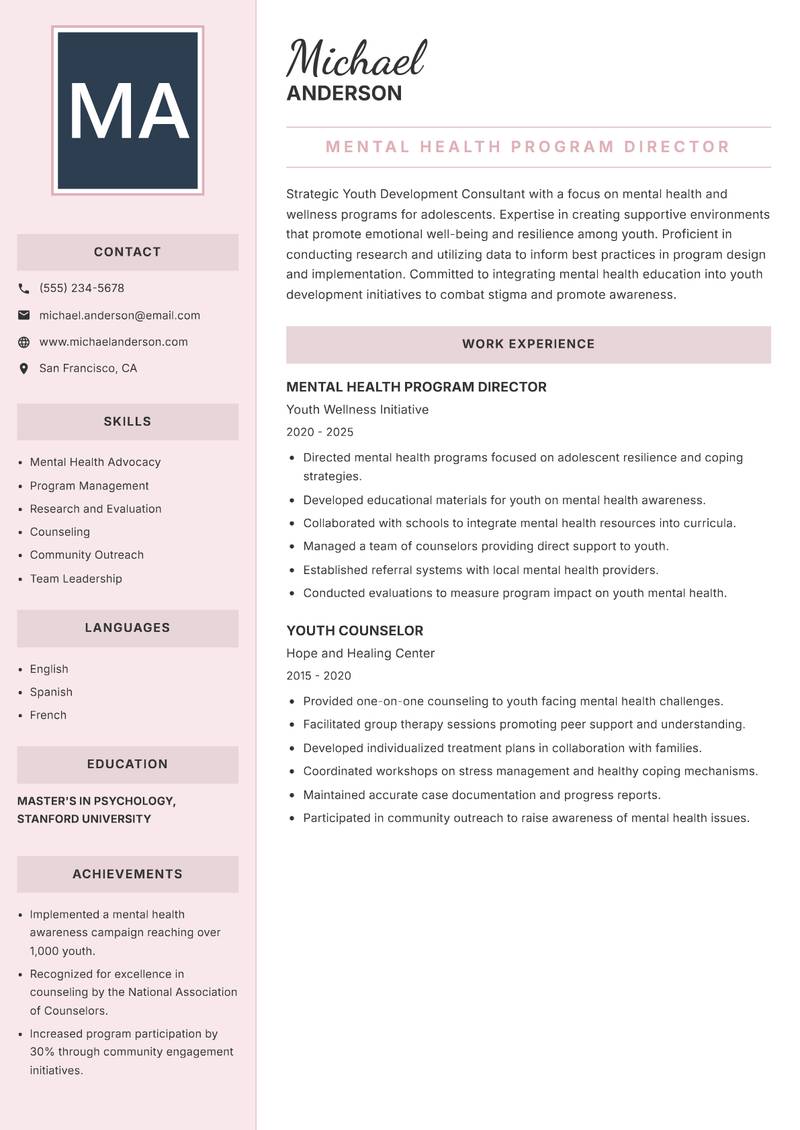 Youth Development Consultant resume template — Executive