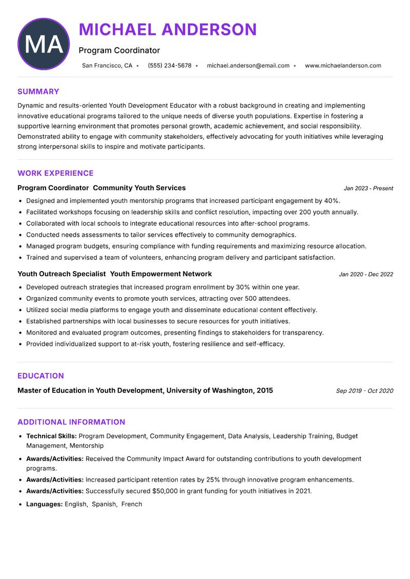 Youth Development Educator resume example — ATS-friendly template