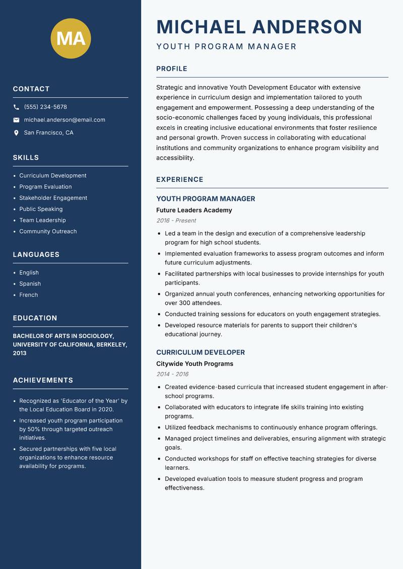 Youth Development Educator resume template — Classic Clean