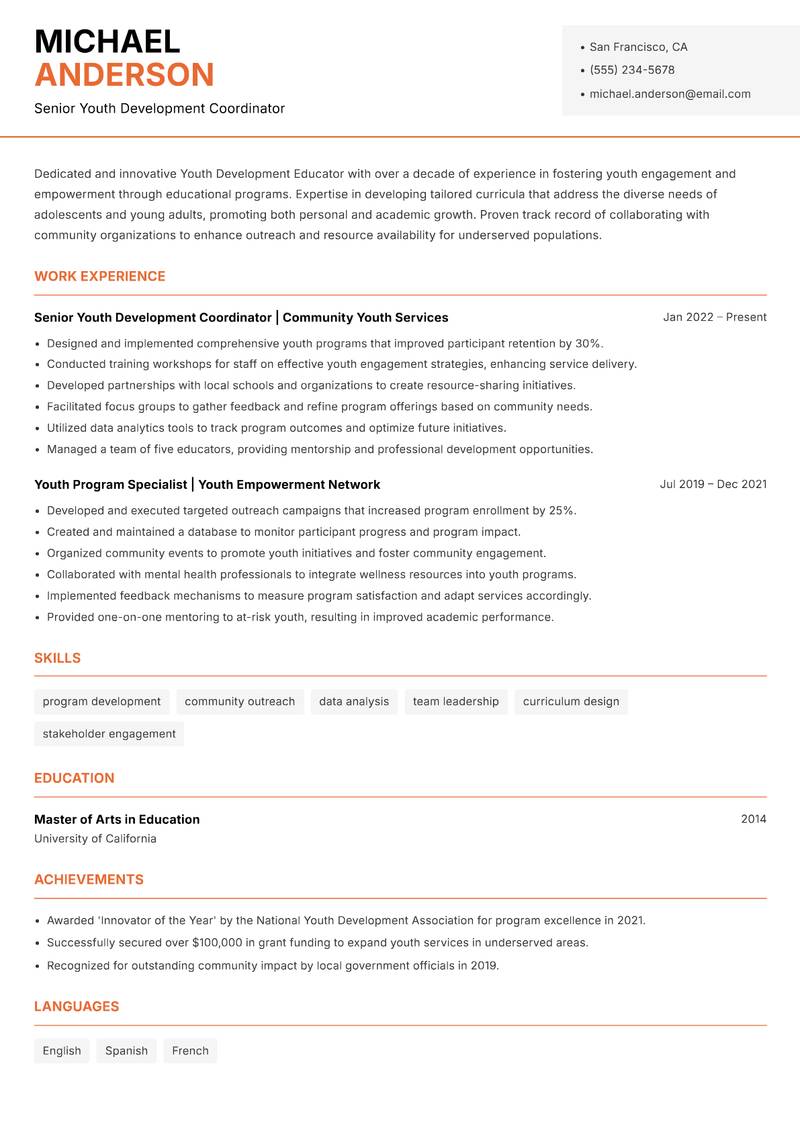 Youth Development Educator resume template — Modern Professional