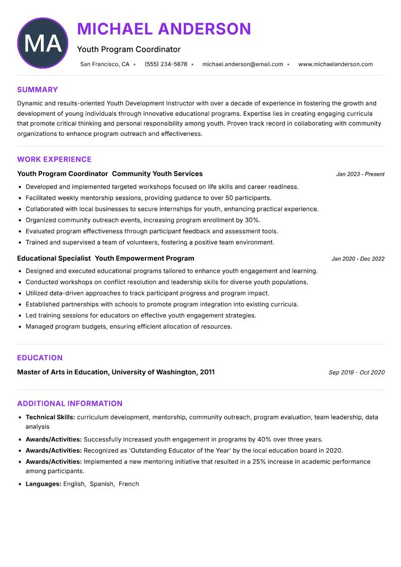 Youth Development Instructor resume example — ATS-friendly template