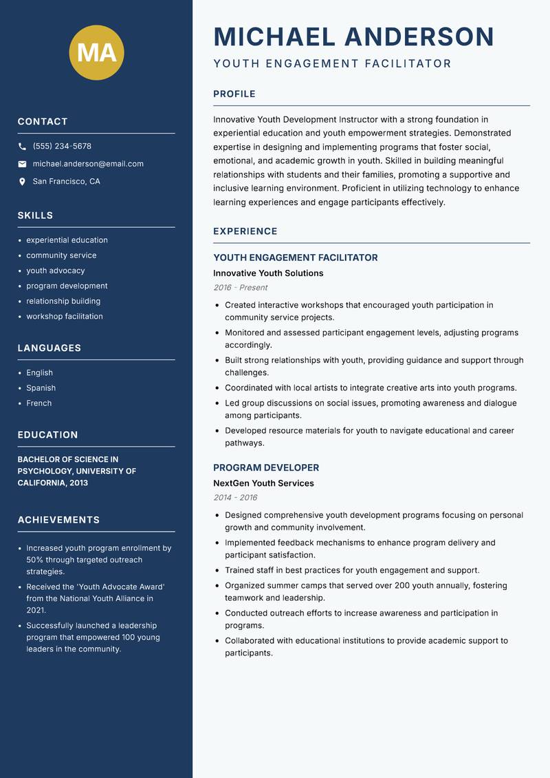 Youth Development Instructor resume template — Classic Clean