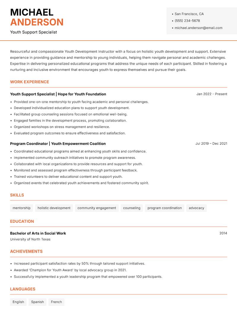 Youth Development Instructor resume template — Modern Professional