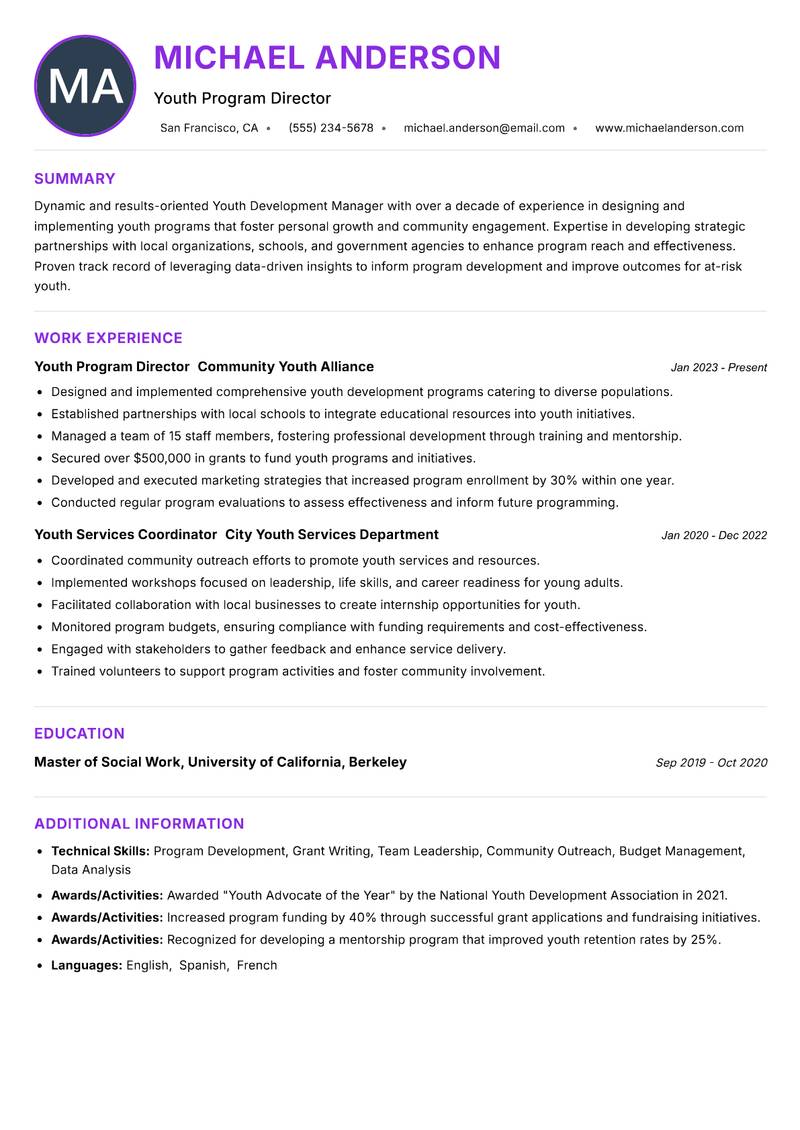 Youth Development Manager resume example — ATS-friendly template