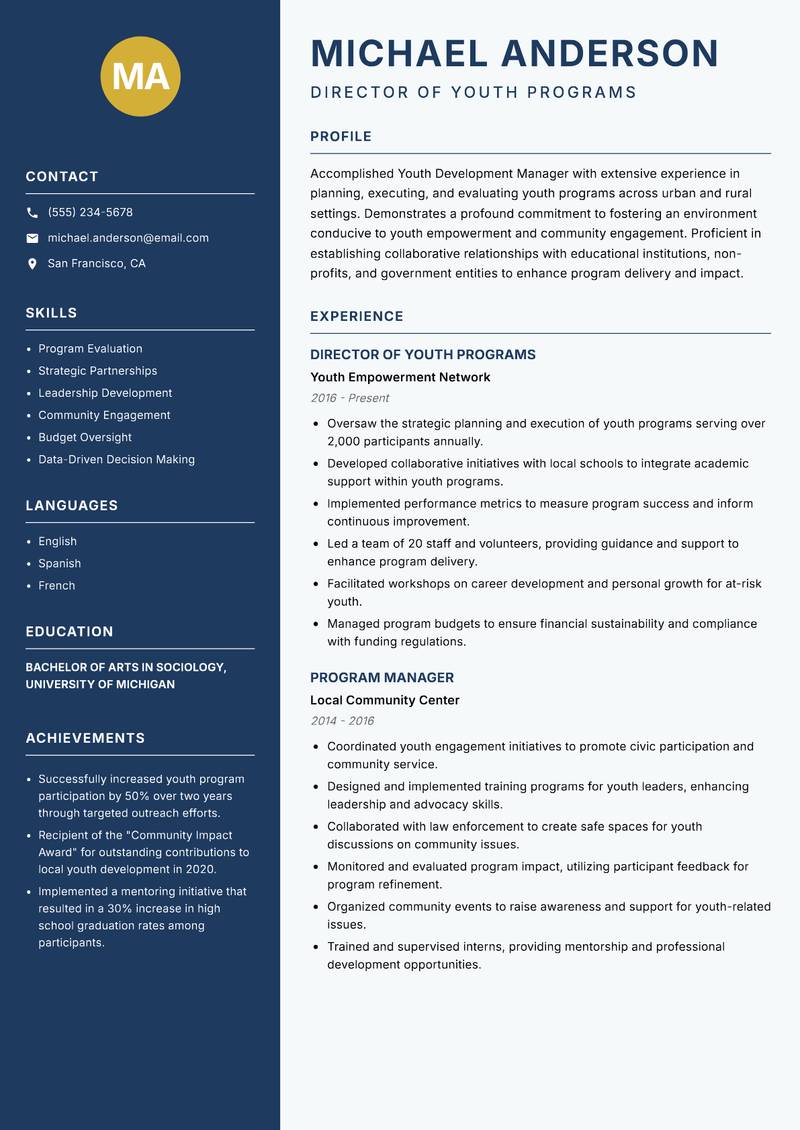 Youth Development Manager resume template — Classic Clean