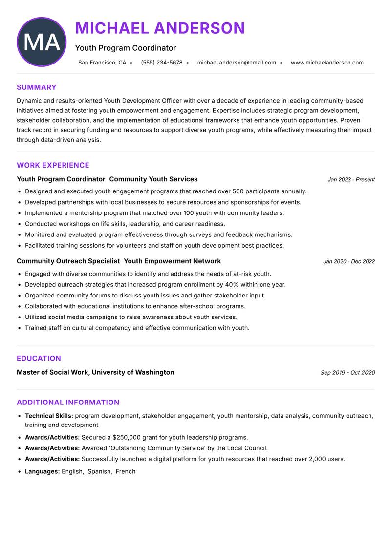 Youth Development Officer resume example — ATS-friendly template